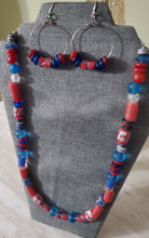 Load image into Gallery viewer, Red, White, Blue Krobo Powdered Glass Bead Necklace and Earring Set