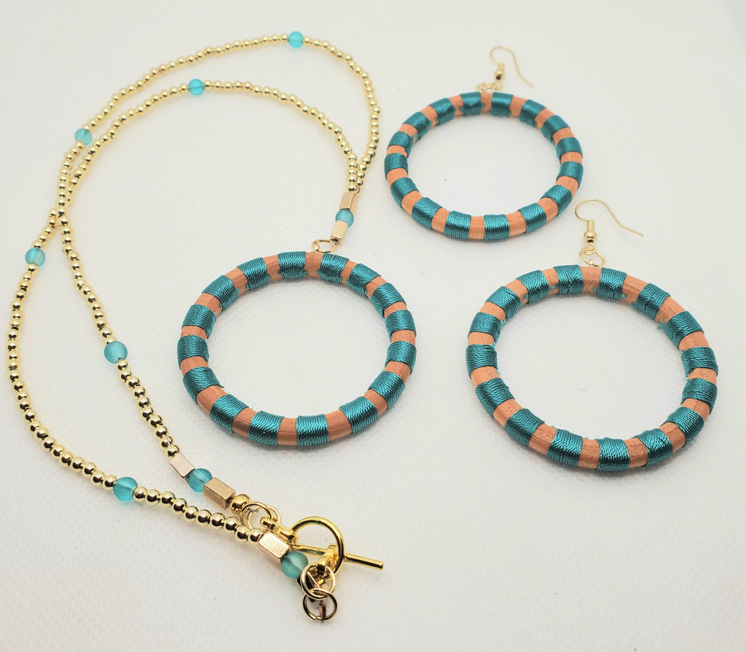 Turquoise and Gold Pendant Necklace and Earring Set