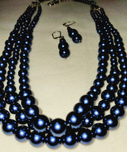 Load image into Gallery viewer, Pearly Blues Three Strand Necklace and Earring Set
