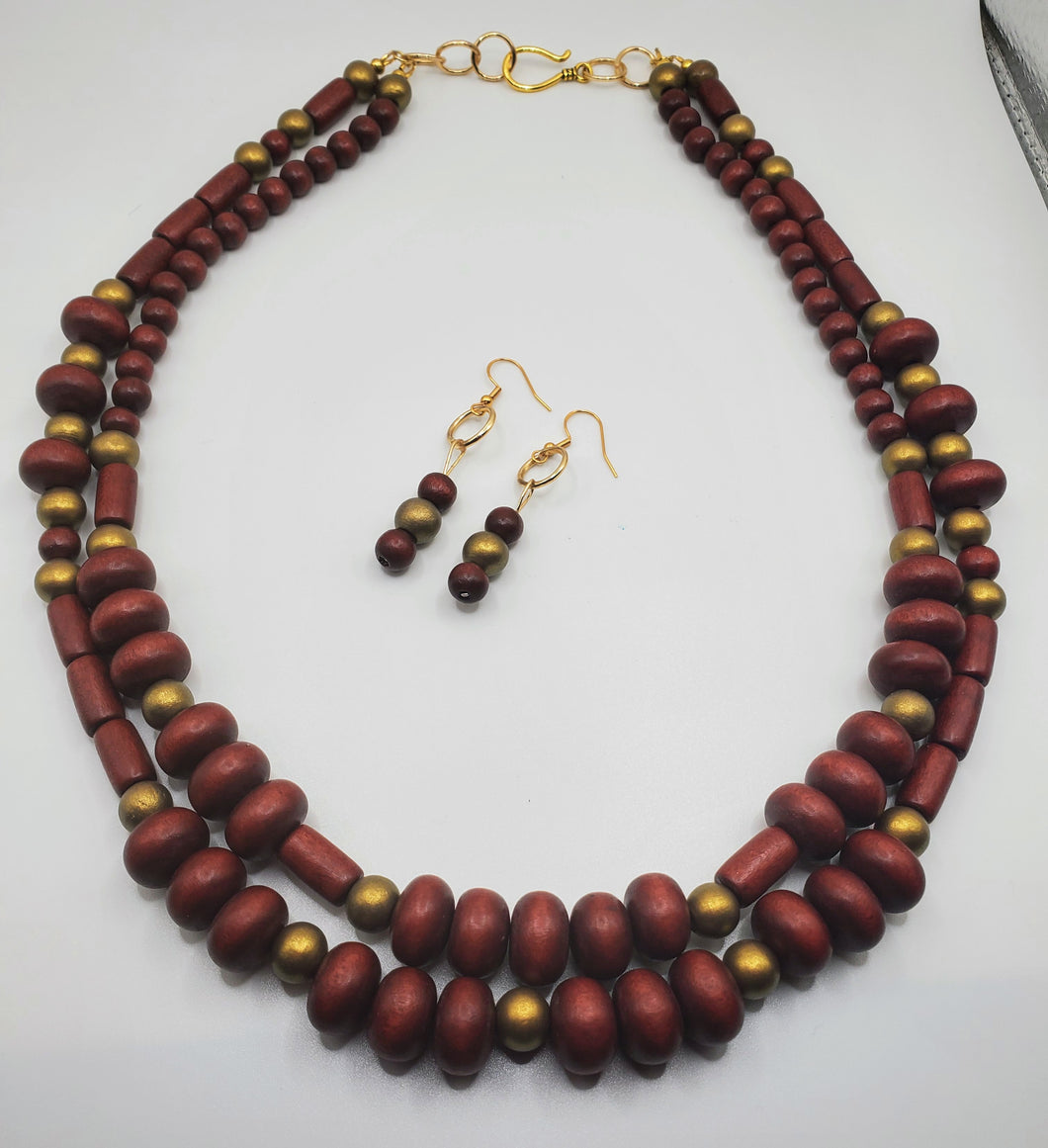 Cherry Wood Two Strand Necklace and Earring Set