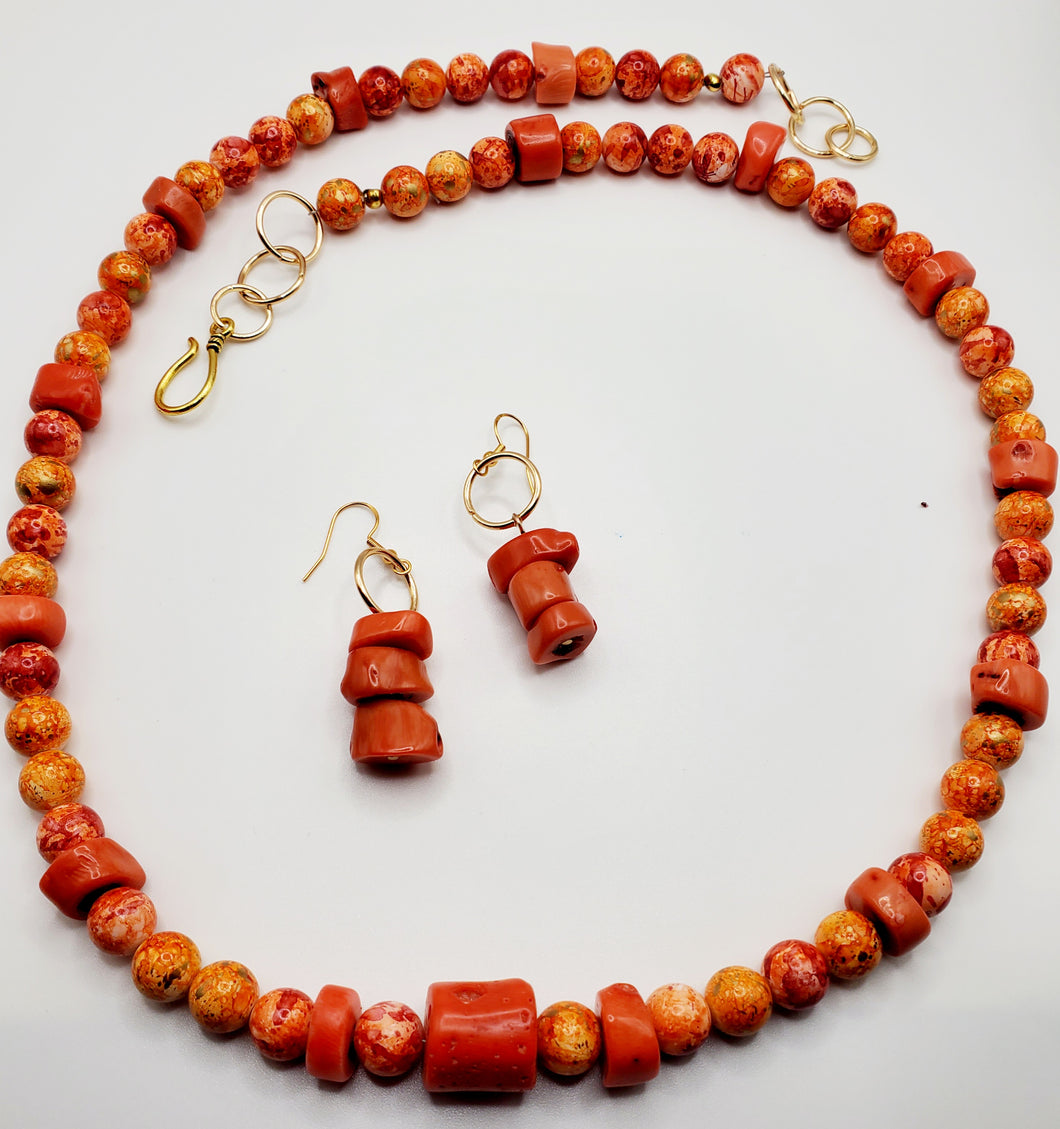 Orange Swirl Glass Bead and Bone Necklace and Earring Set (SOLD OUT)