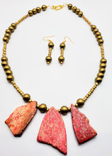 Load image into Gallery viewer, Pink Druzy Agate (Semi-Precious Stone) , Glass and Wood Necklace and Earring Set
