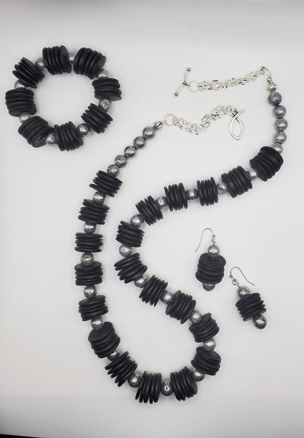 Silver and Black Wooden and Metal Bead Set