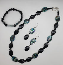 Load image into Gallery viewer, Abalone (Semi-Precious) and Black Glass Bead Necklace, Earrings and Bracelet Ensemble - PRICE REDUCTION!
