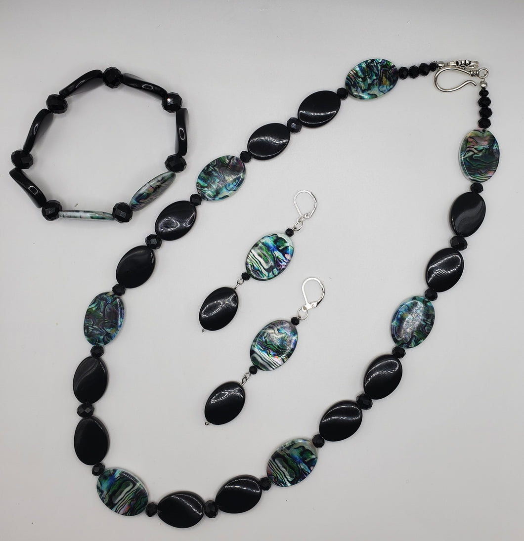 Abalone (Semi-Precious) and Black Glass Bead Necklace, Earrings and Bracelet Ensemble - PRICE REDUCTION!