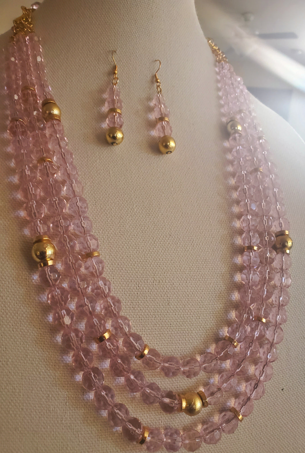 Romantic Pink Three Strand Necklace and Earring Set