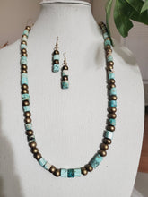 Load image into Gallery viewer, Simply Beautiful! Turquoise and Gold Wooden Bead Necklace and Earring Set
