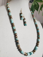 Load image into Gallery viewer, Simply Beautiful! Turquoise and Gold Wooden Bead Necklace and Earring Set
