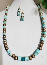 Load image into Gallery viewer, Simply Beautiful! Turquoise and Gold Wooden Bead Necklace and Earring Set
