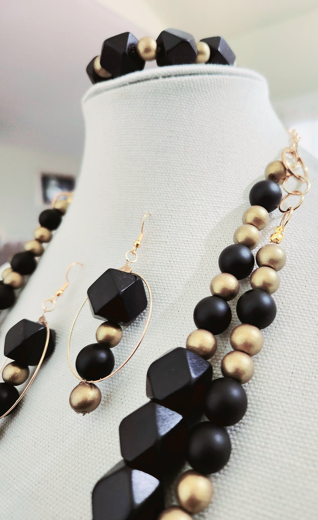 Black and Gold Two-Strand Necklace, Earrings and Bracelet Set